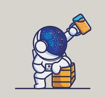 schattig astronaut drinken een bier. tekenfilm persoon technologie concept geïsoleerd illustratie. vlak stijl geschikt voor sticker icoon ontwerp premie logo vector