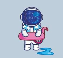 schattig astronaut brengen flamingo reddingsboei. tekenfilm reizen vakantie vakantie zomer concept geïsoleerd illustratie. vlak stijl geschikt voor sticker icoon ontwerp premie logo vector. mascotte karakter vector