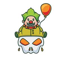 schattig clown Holding een ballon en zitten Aan reusachtig schedel. geïsoleerd tekenfilm dier halloween illustratie. vlak stijl geschikt voor sticker icoon ontwerp premie logo vector. mascotte karakter vector