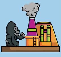 schattig Kong gorilla en fabriek vervuiling. dier tekenfilm geïsoleerd vlak stijl sticker web ontwerp icoon illustratie premie vector logo mascotte karakter