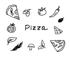 hand getekend gemakkelijk vector reeks met zwart schets. ingrediënten voor Koken pizza, groenten, kaas, plakjes, olijven, tomaat. voor prints menu, pizzeria, label, verpakking, voedsel levering.