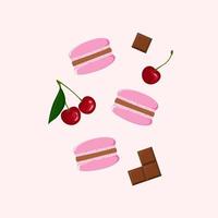 drie Frans macarons Aan roze achtergrond. kleurrijk macarons met kersen en chocola vector