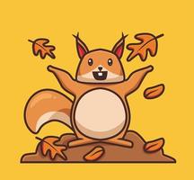 schattig eekhoorn spelen vallen bladeren. tekenfilm herfst seizoen concept geïsoleerd illustratie. vlak stijl geschikt voor sticker icoon ontwerp premie logo vector. mascotte karakter vector