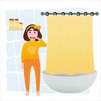 schattig weinig meisje borstel tanden in badkamer, hygiëne dagelijks routine- vector illustratie