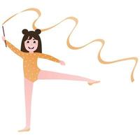 schattig atletisch meisje opleiding met lint in Sportschool, kind het uitvoeren van gymnastiek oefening in tekenfilm stijl, toekomst professioneel atletiek Aan wit achtergrond vector