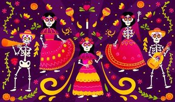 dag van de dood of dia de los Muertos met dansen skeletten en spelen de gitaar, kleurrijk papier slinger voor web banier, partij uitnodiging in Mexicaans stijl, festival viering vector