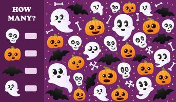 ik spion spel voor halloween werkbladen voor kinderen met geesten, spookachtig pompoenen, tellen puzzel voor boeken vector