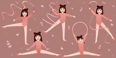 banier voor website met beetje schattig gymnasten en ballerina's, gezond levensstijl en sport activiteiten voor school- meisjes vector