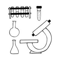 microscoop en test buizen hand- getrokken tekening. , scandinavisch, noords, minimalisme, monochroom. icoon geneeskunde laboratorium analyse vector