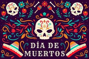 vlak dia de muertos, dag van dood achtergrond illustratie met ornament, sombrero, en maracas