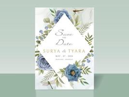 blauw bloemen en libel hand- getrokken bruiloft uitnodiging kaart vector