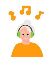 oud volwassen vrouw karakter met hoofdtelefoons luisteren muziek- vector concept. vlak kleurrijk illustratie geïsoleerd Aan wit achtergrond.