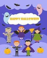 ansichtkaart banier voor halloween, kinderen in kostuums van geesten en divers baldadigheid. vector illustratie.