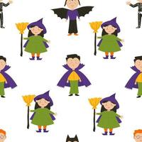 kinderen in kostuums van dracula heks skelet naadloos patroon, halloween nacht achtergrond. vector illustratie