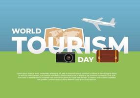 wereld toerisme dag achtergrond banier poster met vliegtuig, camera, koffer en aarde kaart Aan september 27.