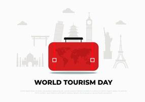 wereld toerisme dag achtergrond banier poster met rood koffer en toerist icoon gebouw Aan september 27. vector