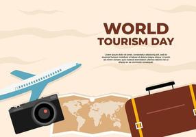 wereld toerisme dag achtergrond banier poster met vliegtuig, kaart, camera en koffer Aan september 27. vector