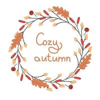 herfst krans van bladeren, twijgen en bessen met de opschrift knus herfst. vector illustratie van vallend voor ansichtkaart, uitnodiging ontwerp en decor