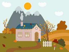 herfst knus landelijk huis in de bergen. schattig rustiek landschap met een wit schutting, boom, struiken, gazon. vector illustratie van een vallend dag buiten de stad.