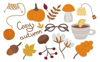 herfst is een knus reeks van elementen. breien, pompoen, paddestoel, eikel, bril, katoen, een kop van thee met citroen. vector illustratie verzameling voor vallend ontwerp of decor.