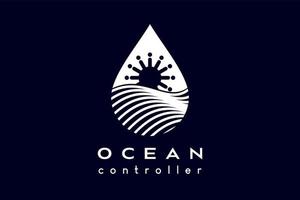 oceaan logo ontwerp, oceaan icoon en schip stuurinrichting wiel met creatief concept in druppels van water. modern vector illustratie