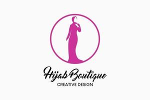 hijab winkel logo ontwerp met een creatief en gemakkelijk concept van een silhouet van een vrouw in een cirkel. hijab mode logo vector illustratie.