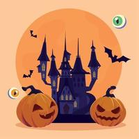 halloween kasteel en pompoenen vector
