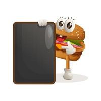 schattig hamburger mascotte ontwerp Holding menu zwart bord, menu bord, teken bord vector