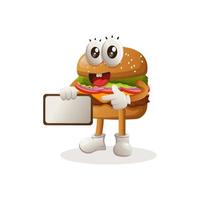 schattig hamburger mascotte ontwerp Holding reclameborden voor uitverkoop, teken bord vector