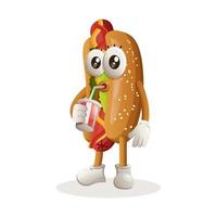 schattig hotdog mascotte drinken Frisdrank, cola vector