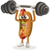 schattig hotdog mascotte bodybuilding met barbell vector