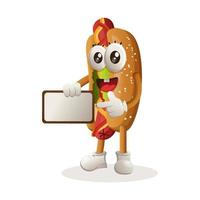 schattig hotdog mascotte Holding reclameborden voor uitverkoop, teken bord vector