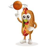 schattig hotdog mascotte spelen basketbal, vrije stijl met bal vector