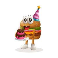 schattig hamburger mascotte ontwerp vervelend een verjaardag hoed, Holding verjaardag taart vector