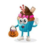 schattig koekje mascotte Holding halloween pompoen met snoep Aan het vector