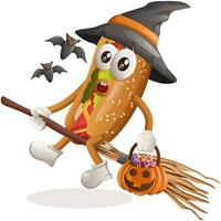 schattig hotdog mascotte heks met Holding halloween pompoen vector
