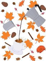 speciaal herfst themed kop van koffie in beweging met koffie en melk potten omringd met oranje kleur bladeren vector illustratie