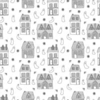hand- getrokken land huis met geest en web naadloos patroon. Scandinavisch huis met dak vector tekening patroon geïsoleerd Aan wit achtergrond. halloween achtergrond.