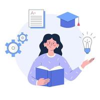 concept van onderwijs, online aan het leren en onderwijs. vrouw leraar of tutor met boek. vlak vector illustratie.