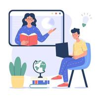 de concept van afstand of online onderwijs. de leraar is geven een lezing Aan de scherm en de leerling is aan het leren gebruik makend van de laptop. vector