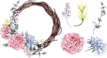 bloemen en wijnstokken krans geschilderd in aquarel.flora voor uitnodiging, bruiloft of groet kaarten. vector