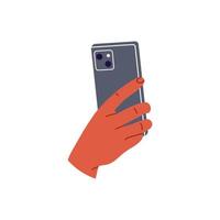 hand- Holding telefoon en schieten video of nemen afbeeldingen. vlak vector illustratie geïsoleerd Aan zwart achtergrond