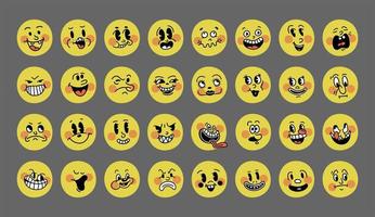 smiley retro emoji. de gezichten van tekenfilm tekens van de Jaren 30 groot set. wijnoogst grappig glimlach vector illustratie
