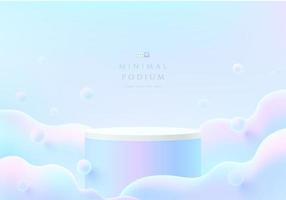 abstract 3d kamer met realistisch roze, blauw hologram kleur cilinder staan podium. pastel wolk of bubbels vliegen. minimaal tafereel voor mockup Product Scherm. vector meetkundig vormen. ronde stadium vitrine.