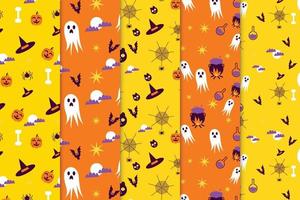 naadloos halloween patroon bundel ontwerp met geel en oranje achtergrond. eng halloween patroon verzameling voor boek Hoes en behang. abstract patroon decoratie reeks met geesten en hekserij. vector