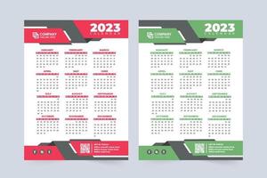 modern organisatie 2023 kalender ontwerp met groen en rood kleuren. jaarlijks bedrijf kalender decoratie met creatief vormen. de week begint Aan zondag. zakelijke kantoor organisator en muur kalender. vector