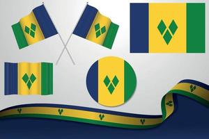 reeks van heilige vincent en de grenadines vlaggen in verschillend ontwerpen, icoon, flaying vlaggen en lint met achtergrond. vector