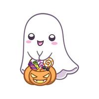 schattig gelukkig geest draag- een pompoen emmer vol van snoep vector illustratie. halloween, truc of traktatie partij kaart uitnodiging afdrukken, Product afdrukken, sticker ontwerp clip art element