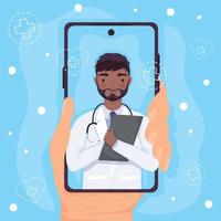 afro dokter in smartphone vector