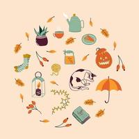 reeks van verschillend herfst elementen. vallend bladeren, kat, kaars, sokken, thee, pompoen en ander. Hallo herfst. hand- getrokken vector illustraties. schattig afdrukken voor kleren, affiches, kaarten, boeken en tijdschriften